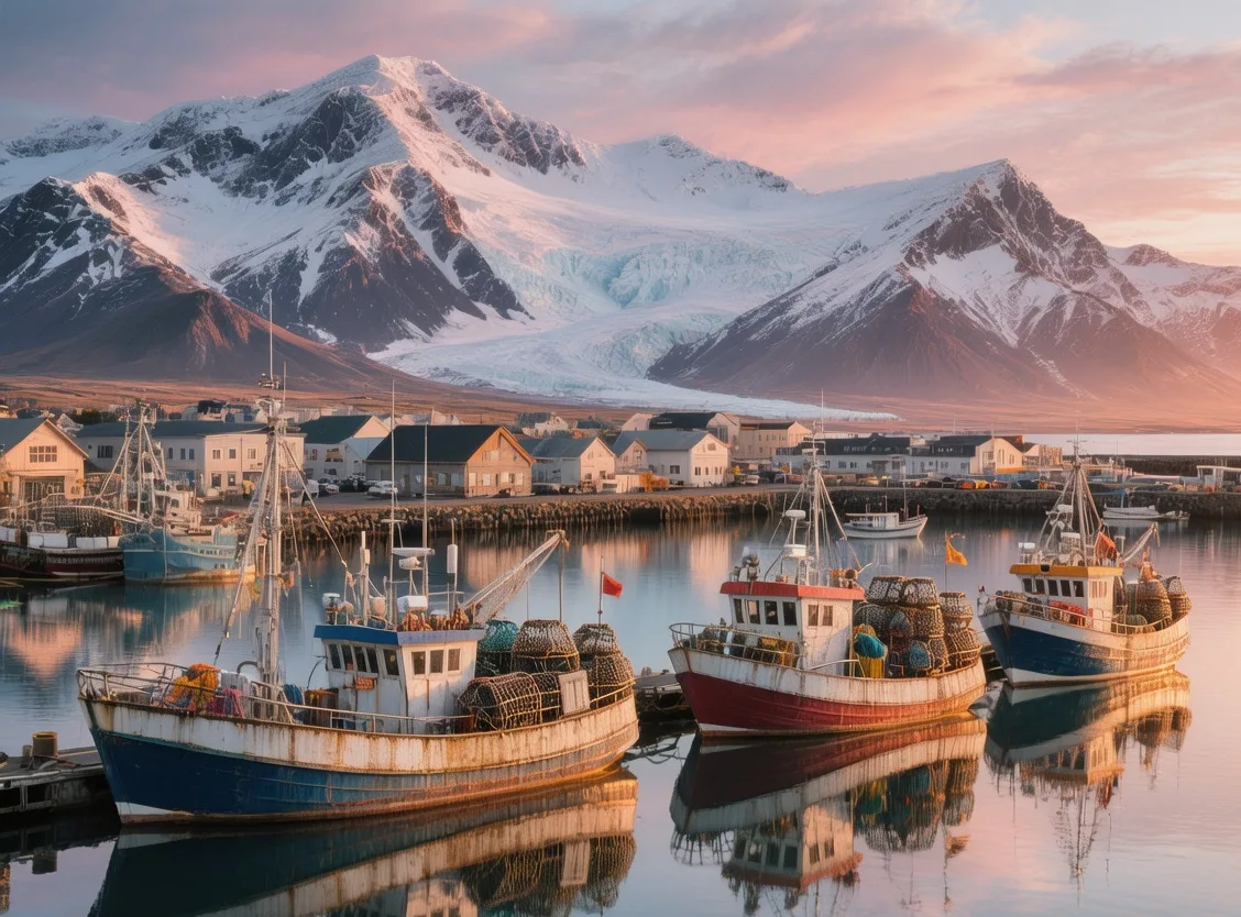 Höfn lobster town harbor with fishing boats and glacier mountains under midnight sun light in Southeast Iceland