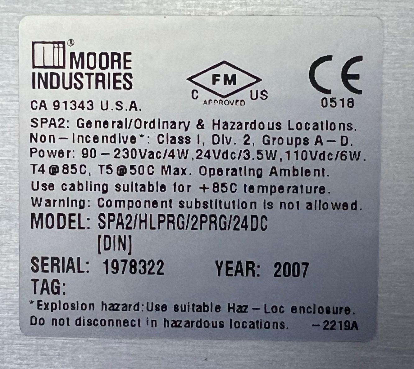 Moore Industries Spa2 Programmable Limit Alarm Spa2/hlprg/2prg/24dc thumbnail