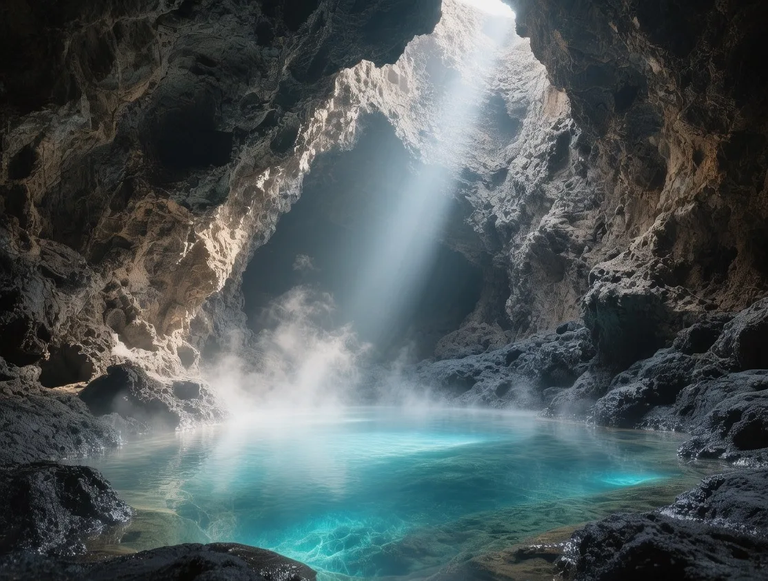 Grjótagjá cave interior with steam rising from turquoise water under dim volcanic light in North Iceland