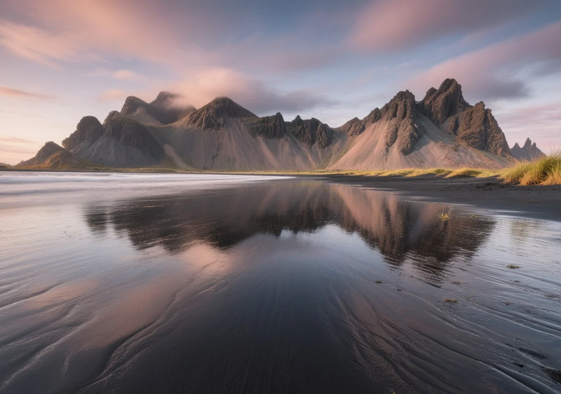 Stokksnes black sand dunes with Vestrahorn mountain reflection under moody Icelandic sky at sunrise