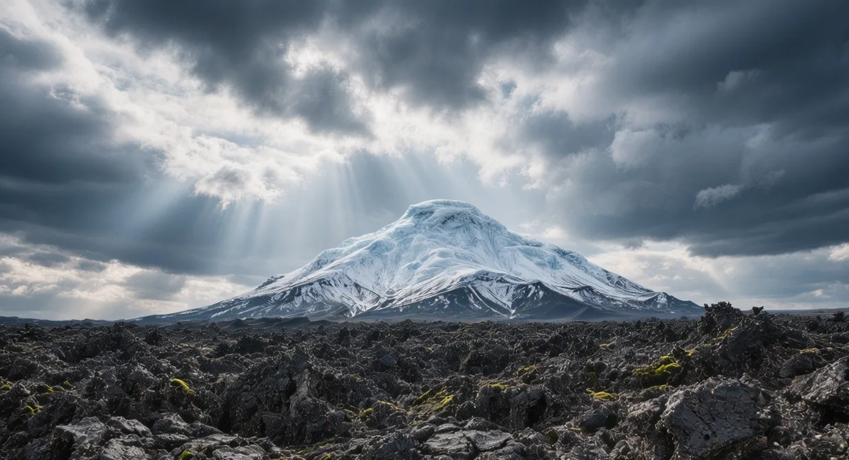 Snow-capped Snæfellsjökull volcano glacier peak in West Iceland under dramatic cloudy sky with lava fields foreground