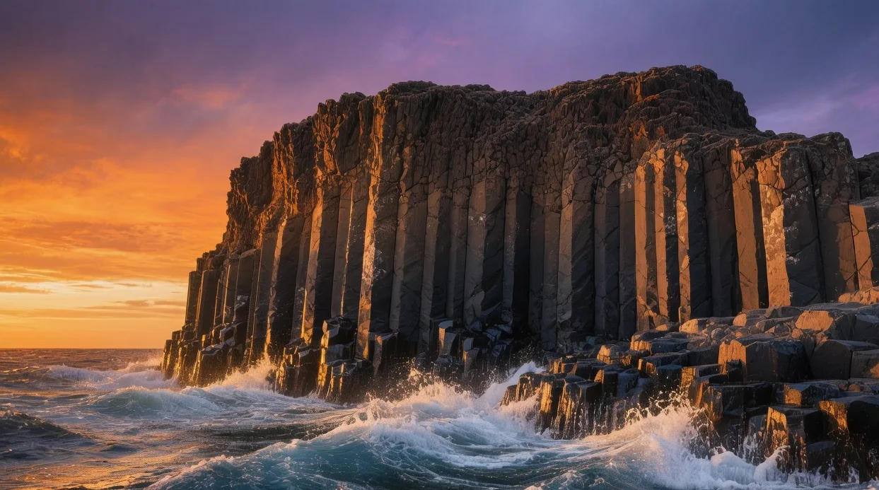 Dramatic Arnarstapi basalt cliffs at sunset in West Iceland, hexagonal columns rising from Atlantic Ocean waves under golden light