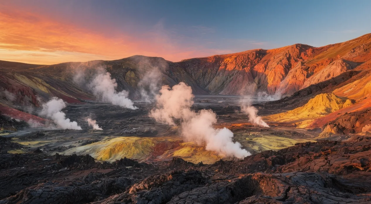 Krafla volcano caldera at sunset in North Iceland, colorful rhyolite mountains surrounding steaming geothermal vents and lava fields