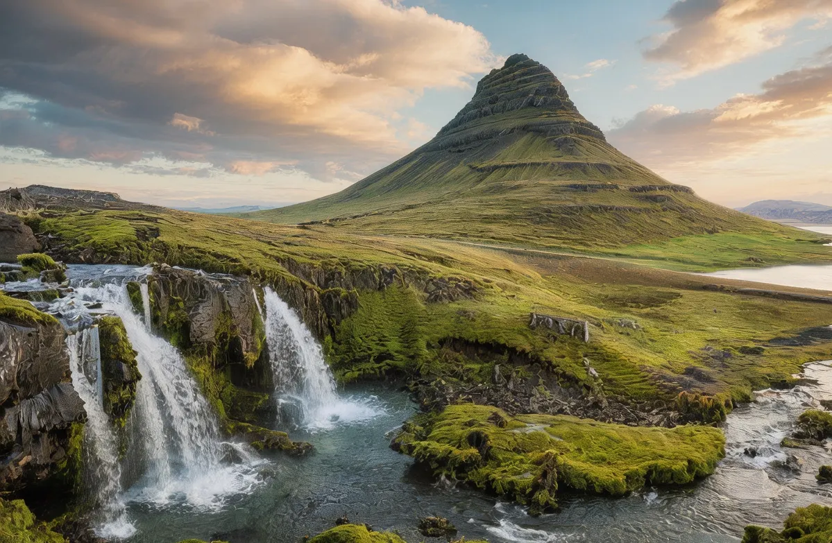 Dramatic Snæfellsnes Peninsula coastline at sunset in West Iceland, black lava fields meeting Atlantic Ocean waves under golden light