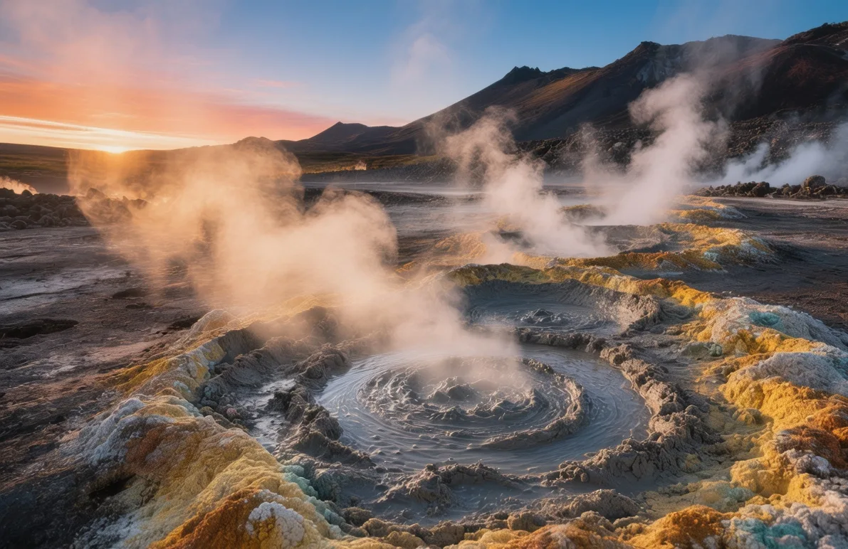 Steaming Hverir geothermal area at sunrise in North Iceland, colorful mineral deposits surrounding boiling mud pots and volcanic mountains