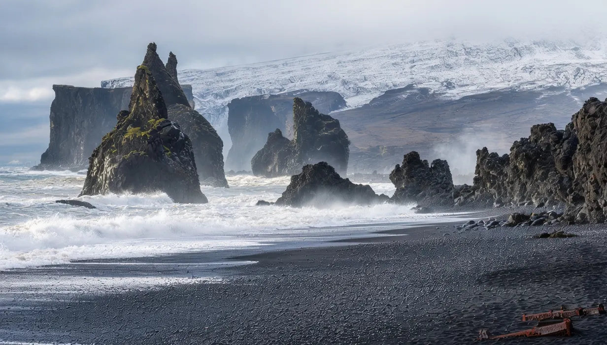Black pebble Djúpalónssandur beach in West Iceland with rusty shipwreck remnants under dramatic cloudy sky