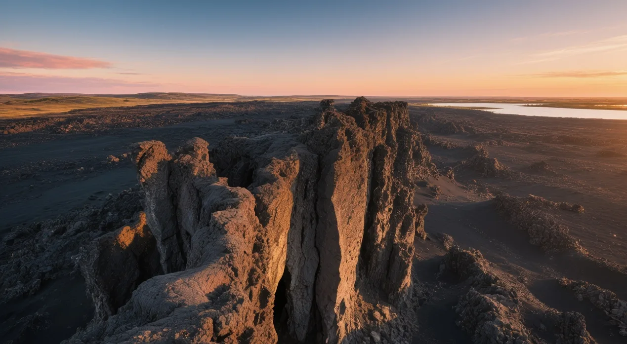 Dimmuborgir lava pillars at golden hour in North Iceland, dramatic rock formations rising from black volcanic field near Lake Mývatn