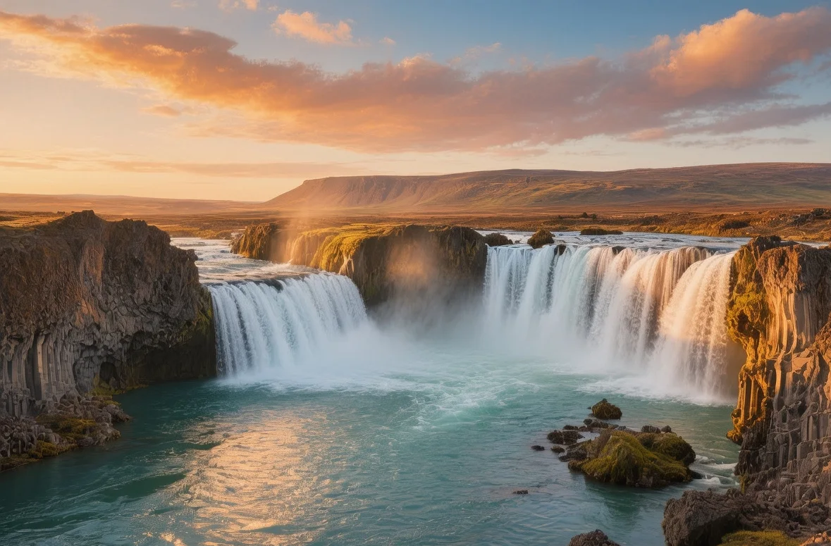 Goðafoss waterfall at golden hour in North Iceland, horseshoe-shaped cascade plunging into turquoise river with basalt cliffs