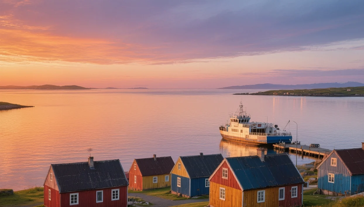 Colorful wooden houses on Flatey Island in Breiðafjörður Bay, West Iceland at summer sunset with ferry docked nearby