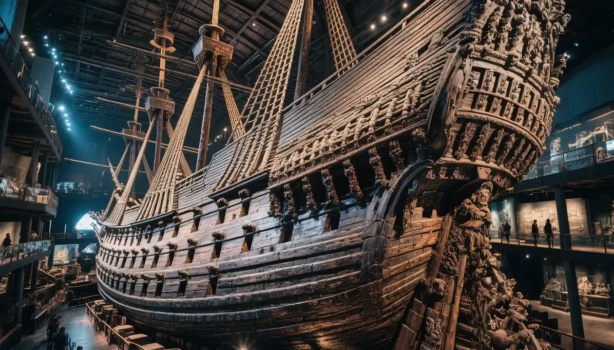 Vasa warship illuminated inside Stockholm museum hall at morning light with visitors viewing lower deck
