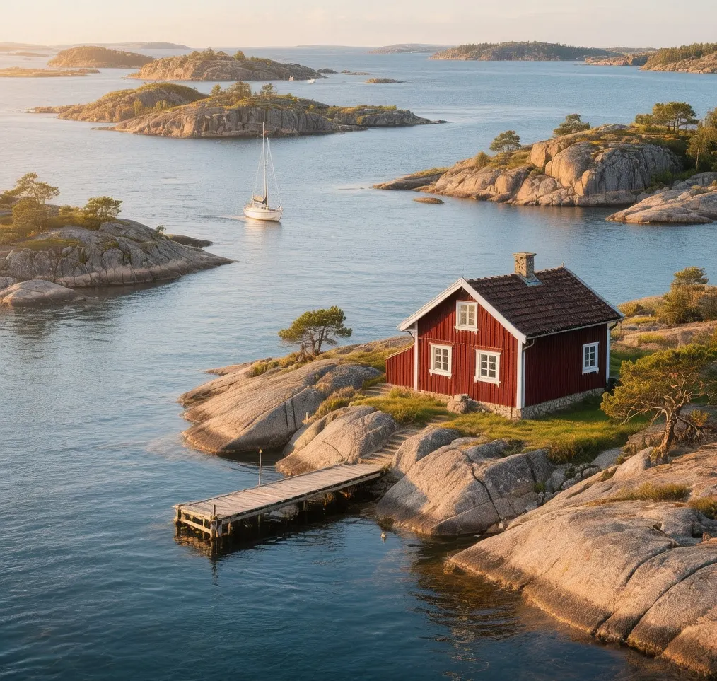 Gothenburg archipelago red wooden cottages on granite cliffs at sunset with calm sea