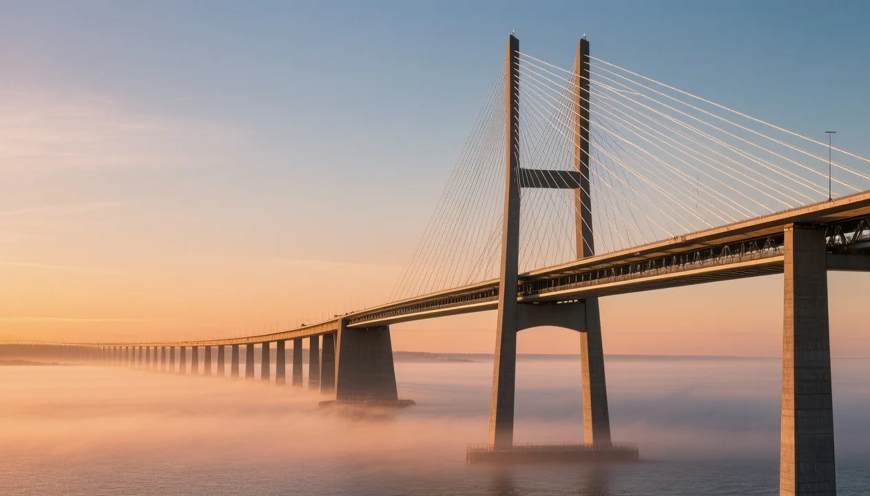 Öresund Bridge at golden hour connecting Denmark and Sweden across misty waters with dramatic cable-stayed structure