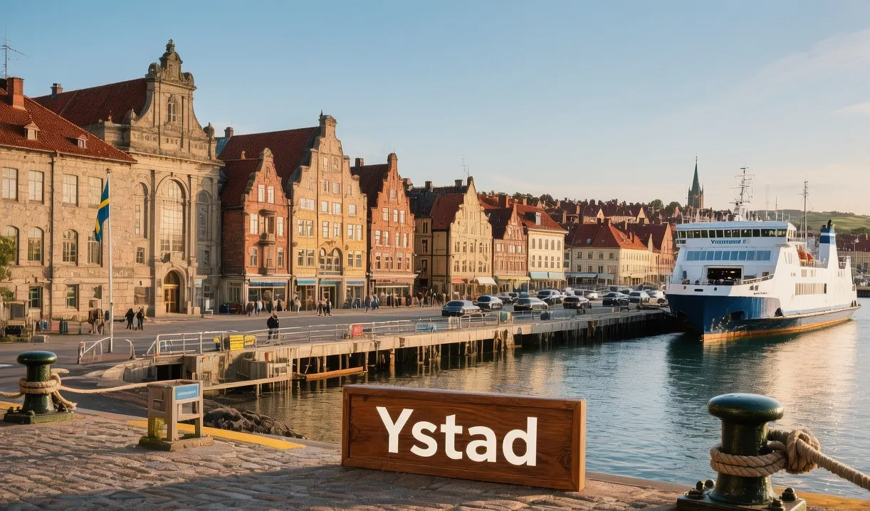 Ystad medieval town's half-timbered houses glowing in golden afternoon light along cobblestone streets, colorful wooden facades reflecting Scanian heritage in southern Sweden