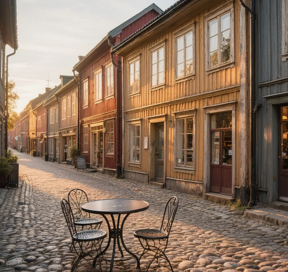 Haga district cobblestone street lined with wooden houses at afternoon light with café tables outside