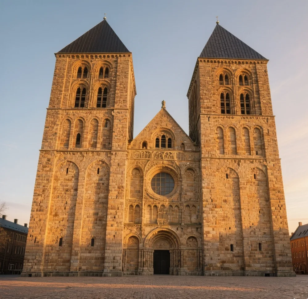 Lund Cathedral's twin Romanesque towers bathed in golden evening light against Swedish sky, medieval sandstone architecture glowing at dusk in Skåne