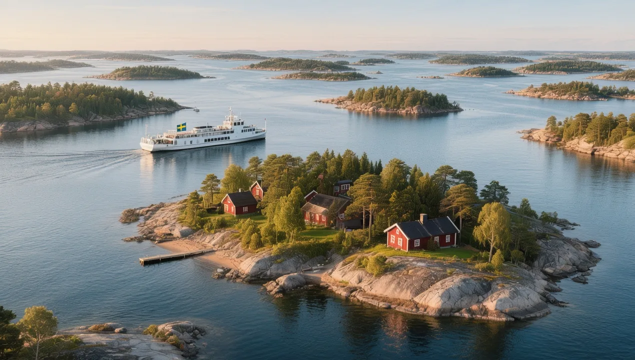 Stockholm archipelago rocky islands scattered across blue water at golden hour with pine trees