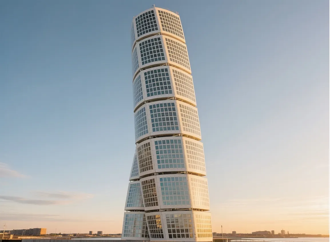 Turning Torso skyscraper twisting against blue sky at sunset with Öresund Bridge in background