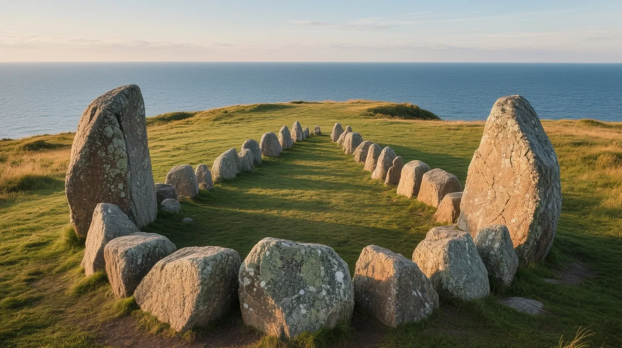 Ales Stenar stone ship formation silhouetted against vibrant Baltic Sea sunset, ancient quartzite boulders resting on windswept Swedish cliff edge in Skåne