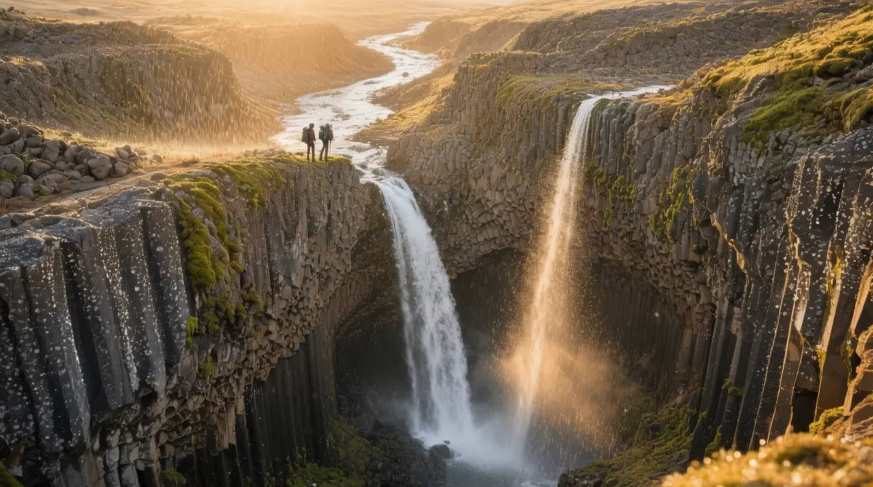 Glymur waterfall plunging into Hvalfjörður canyon at golden hour with mossy basalt columns and hikers on ridge