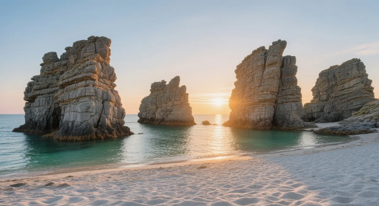 Fårö island beaches white quartz sand meeting turquoise Baltic water under midnight sun light near limestone rauk formations in Gotland Sweden