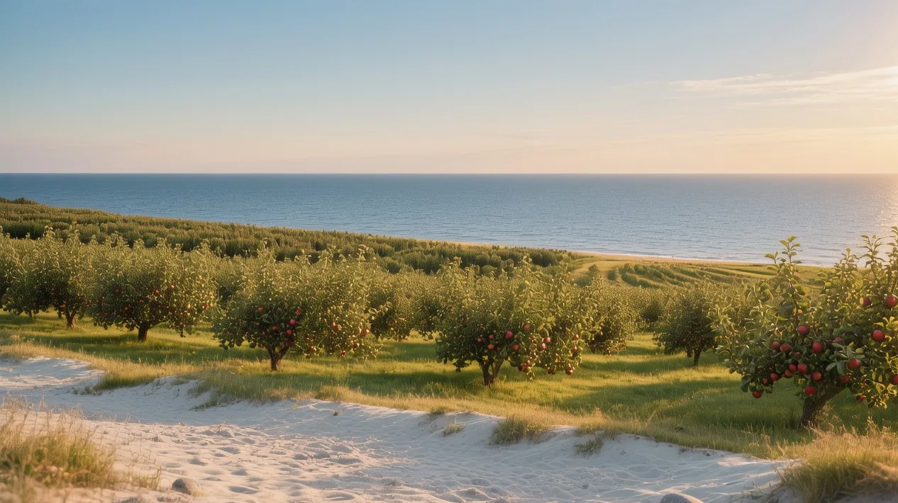 Österlen coast's white-sand beaches and rolling apple orchards bathed in golden Scandinavian summer light along Baltic Sea shoreline in southern Sweden's Skåne region