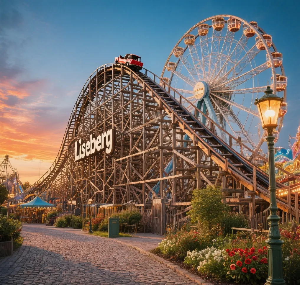 Liseberg amusement park illuminated at night with colorful lights and roller coasters against dark sky