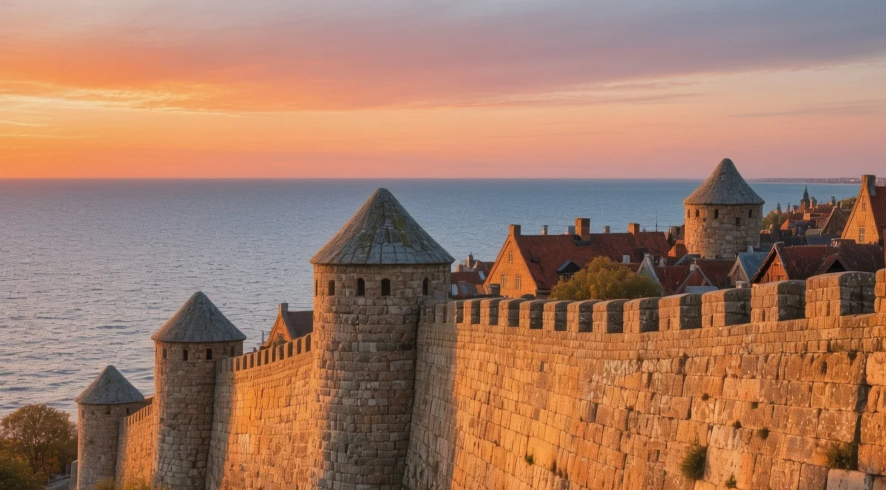 Visby medieval walls glowing in golden sunset light with Baltic Sea background, ancient limestone fortification surrounding historic Swedish town on Gotland island