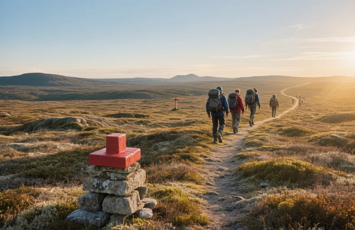 Hikers walking along Kungsleden trail through Arctic tundra with red T-shaped cairns marking the path under midnight sun