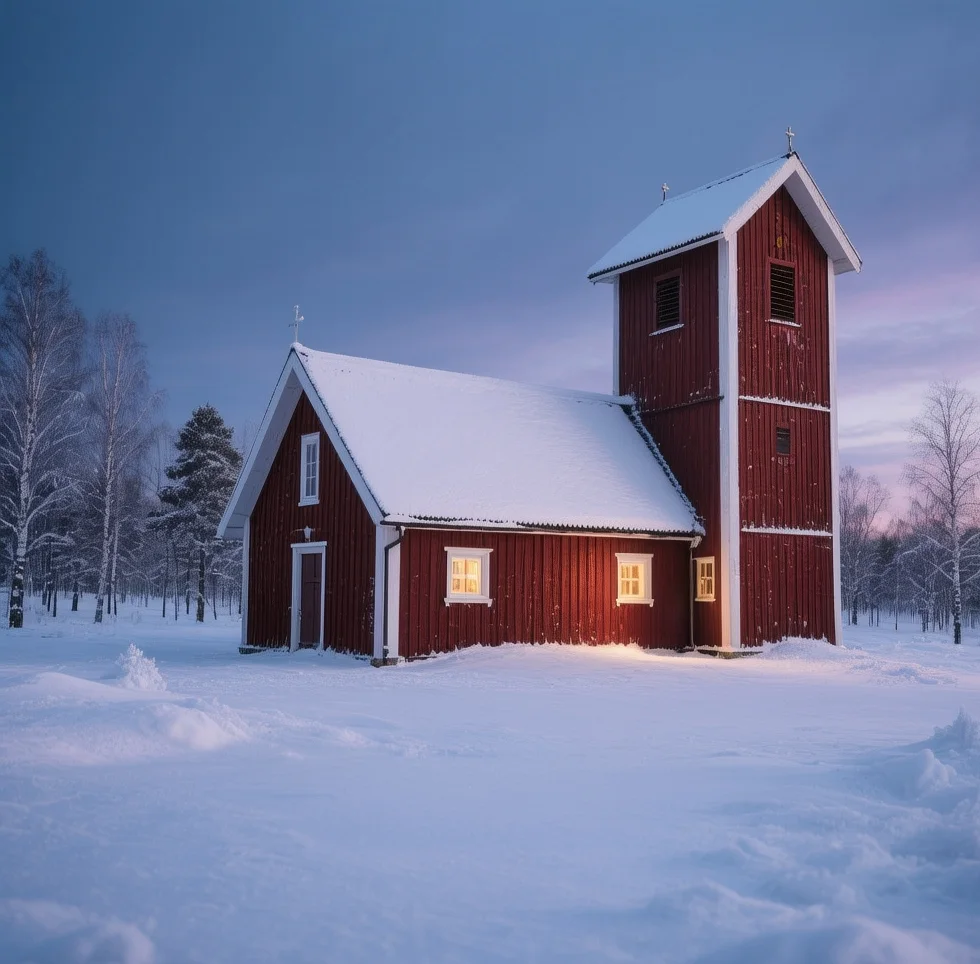 Historic red wooden Jukkasjärvi Church with bell tower surrounded by Arctic snow and pine forest during winter afternoon