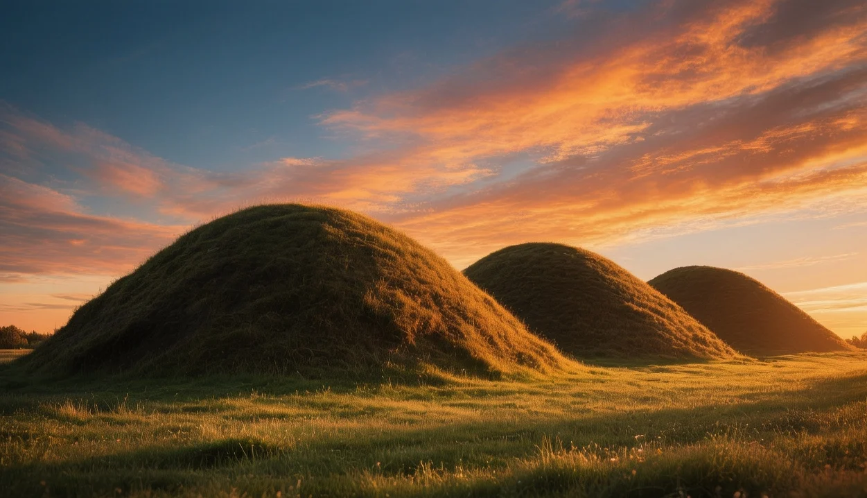 Gamla Uppsala burial mounds rising from green grass under dramatic Scandinavian sky, ancient Viking royal tombs silhouetted in golden evening light near Uppsala Sweden