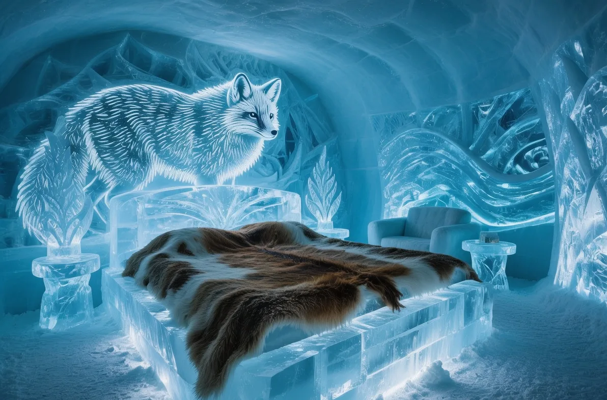 Sculpted ice suites with artistic carvings and blue lighting at Ice Hotel in Jukkasjärvi near Kiruna during Arctic winter