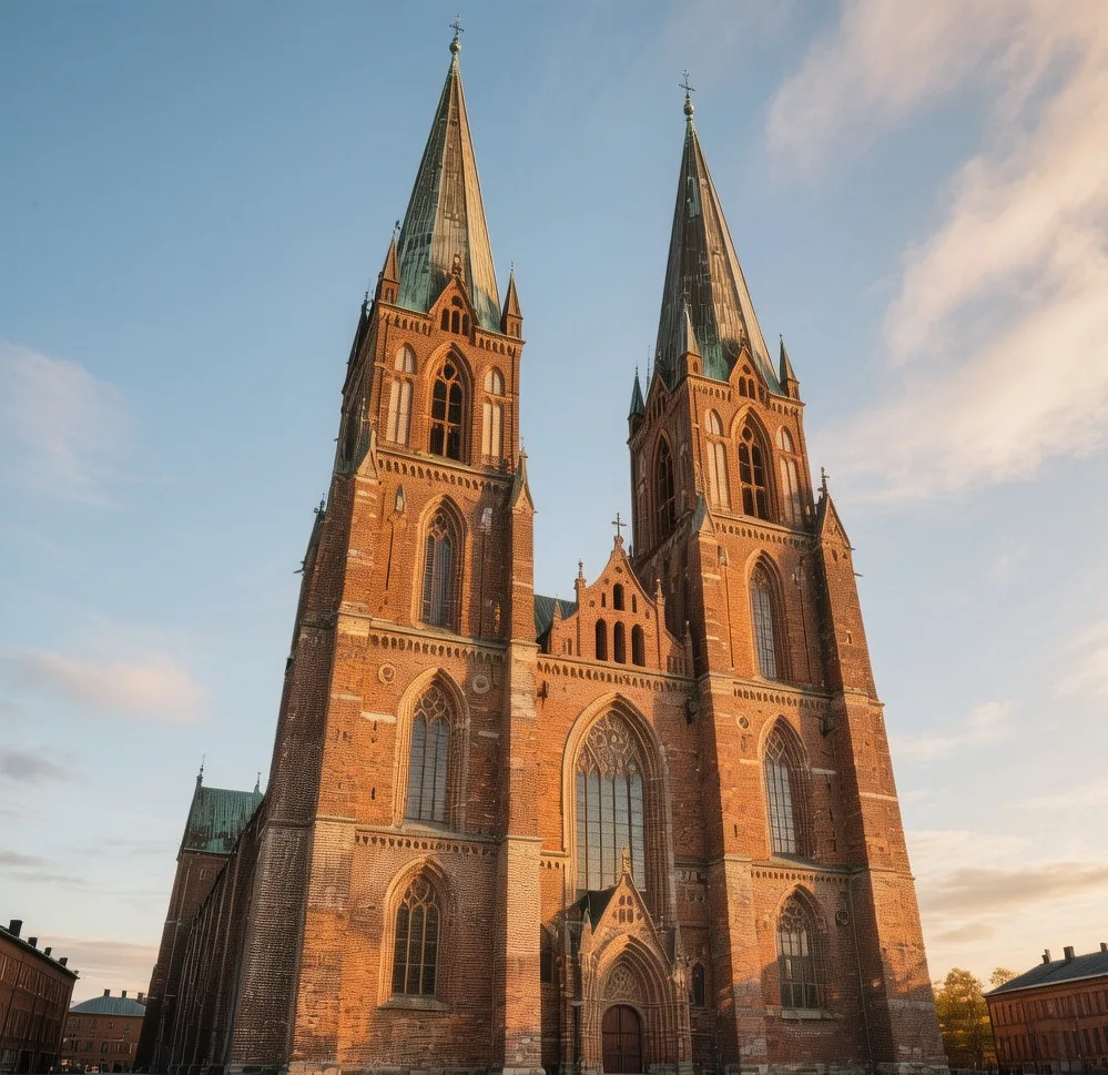 Uppsala Cathedral twin spires rising above red rooftops in golden morning light, historic brick Gothic architecture dominating Swedish university town skyline