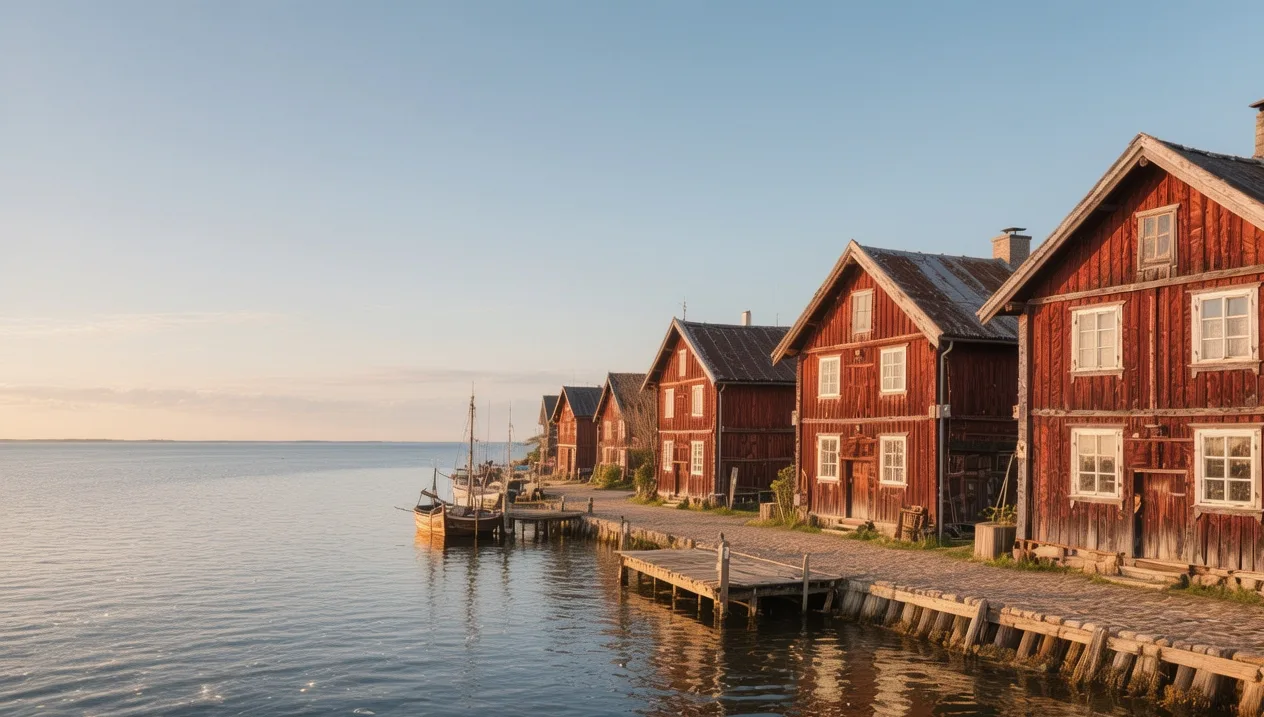 Colorful historic wooden boathouses lining the calm canal in downtown Hudiksvall on a bright summer day in Swedish Lapland