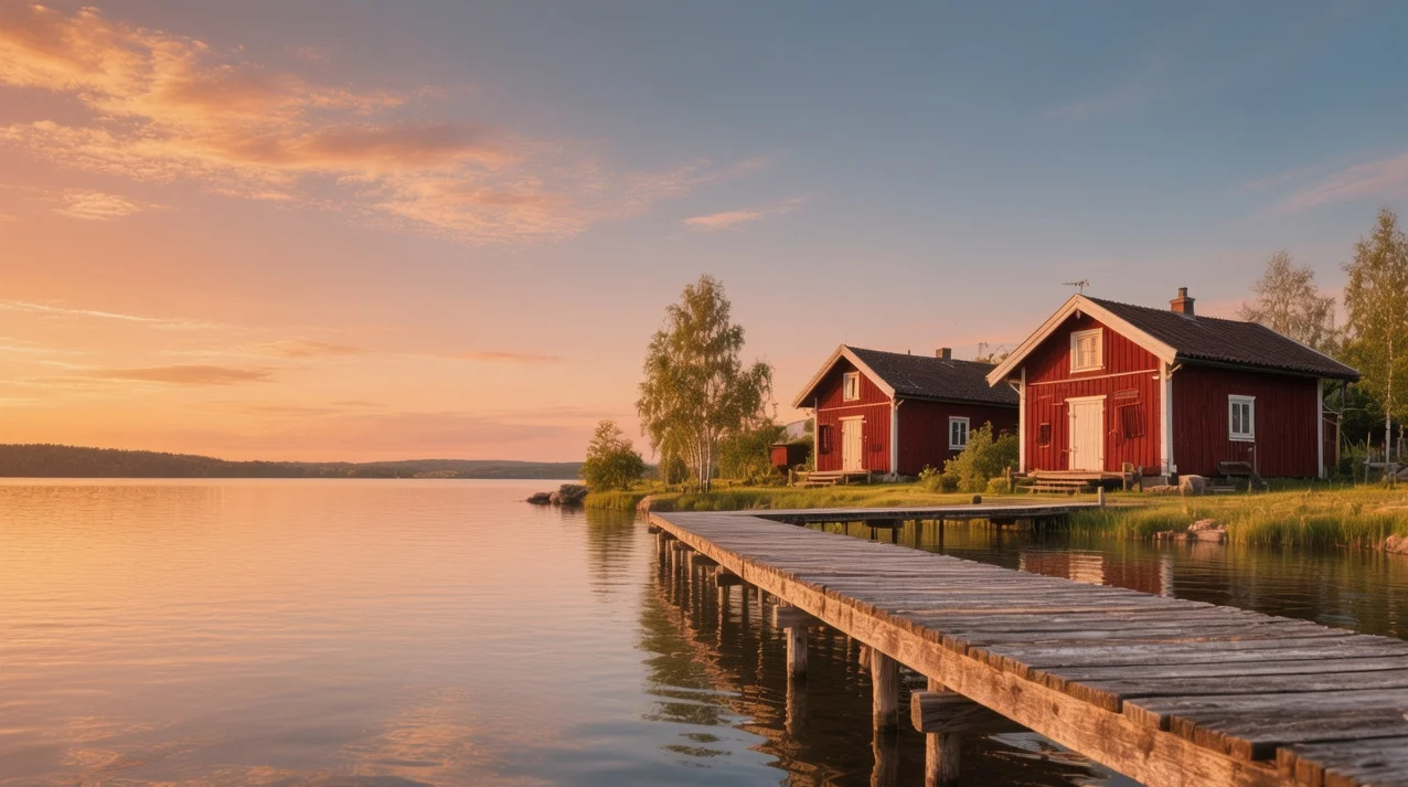 Serene Lake Siljan shoreline with red Swedish cottages and wooden pier during golden summer evening light