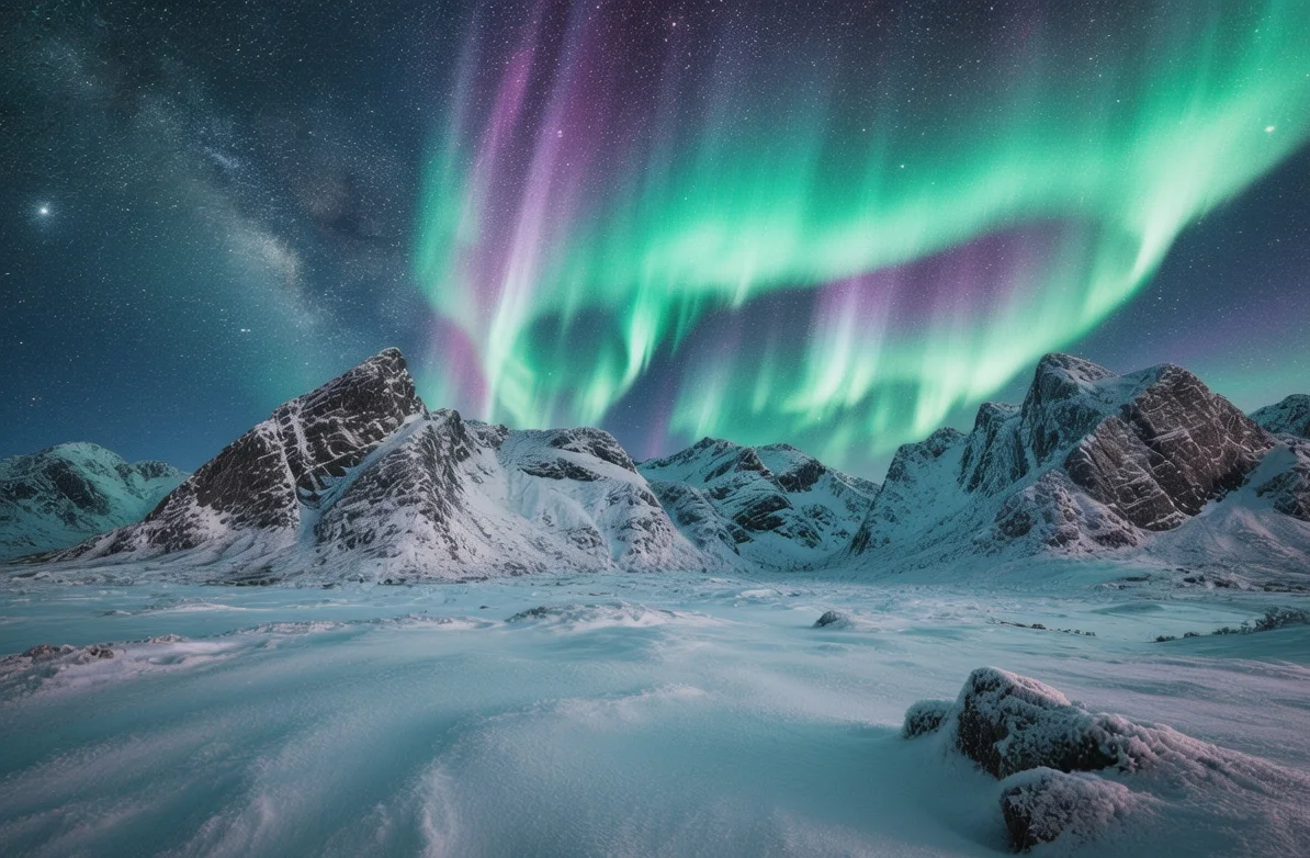 Northern Lights dancing over snow-covered mountains in Abisko National Park under starry Arctic sky during winter night