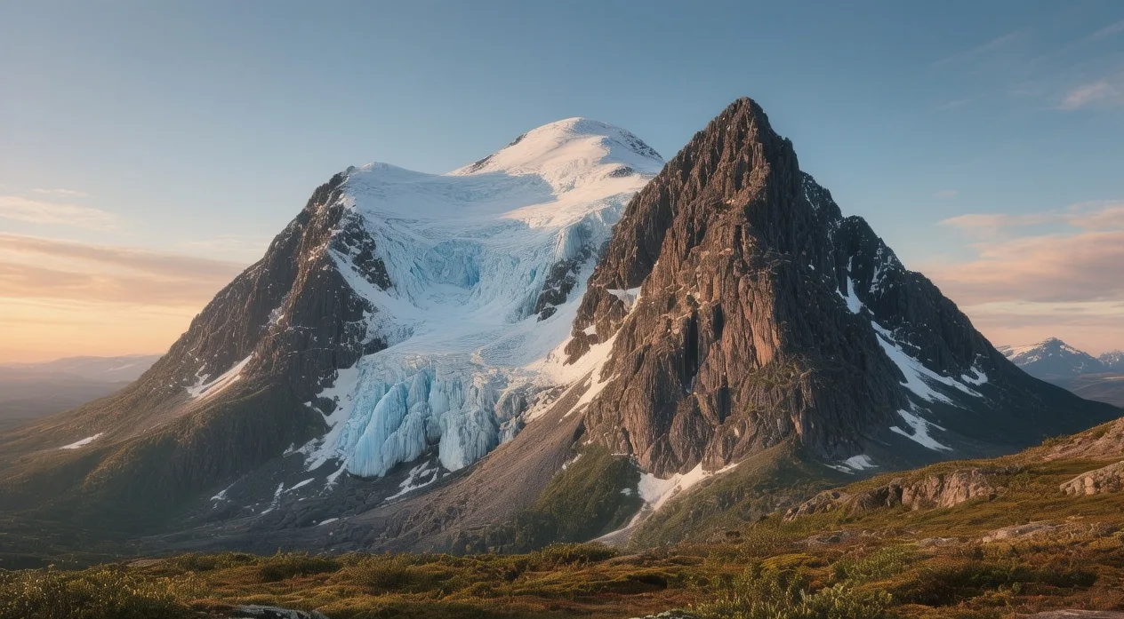 Kebnekaise mountain summit with glacier and Arctic wilderness under midnight sun during summer evening in Swedish Lapland