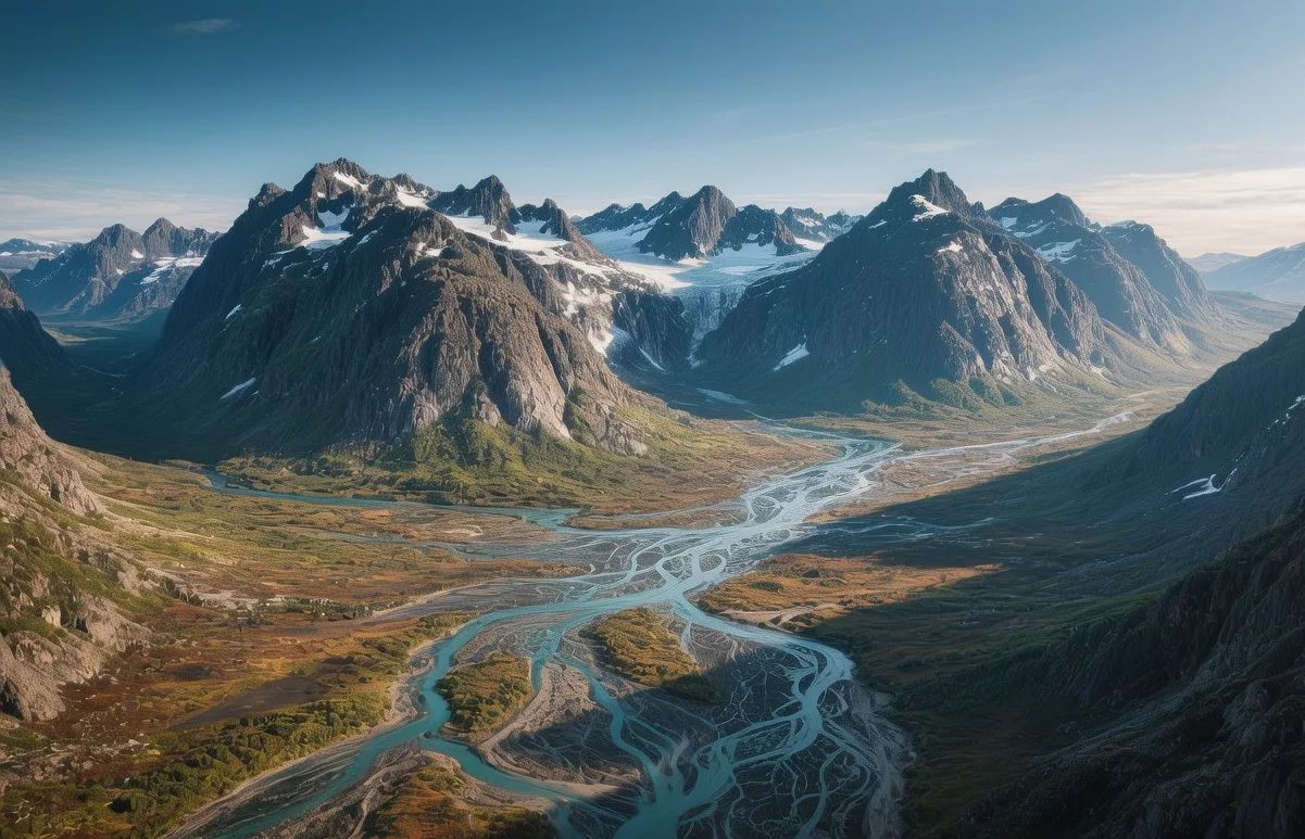 Rapa River Delta at golden hour in Sarek National Park with braided glacial channels winding through dramatic mountain peaks under midnight sun