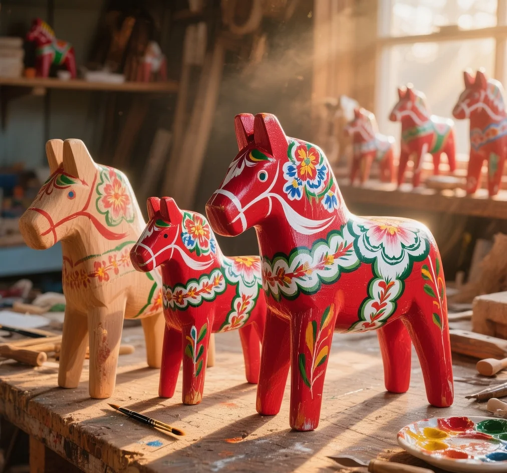 Hand-painted red Dala horses with traditional kurbits floral patterns displayed in Nusnäs workshop during warm afternoon light