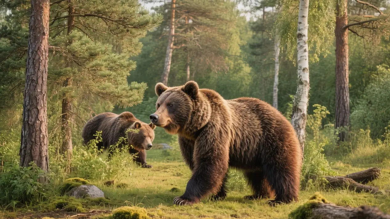 Brown bears roaming freely in Orsa Grönklitt Bear Park enclosure surrounded by dense Swedish forest during summer afternoon