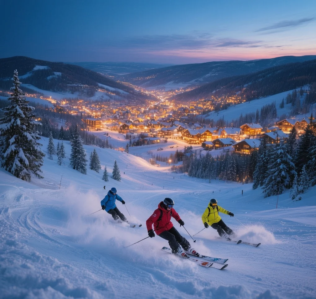 Skiers descending snowy slopes at Åre Ski Resort with village lights glowing below during twilight winter evening