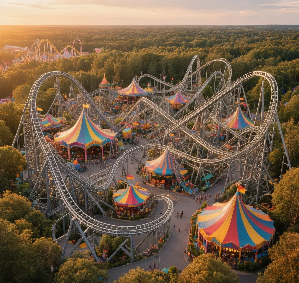 Aerial view of Furuvik amusement park showing roller coaster tracks, colorful tents, crowds and surrounding forest at golden hour sunset