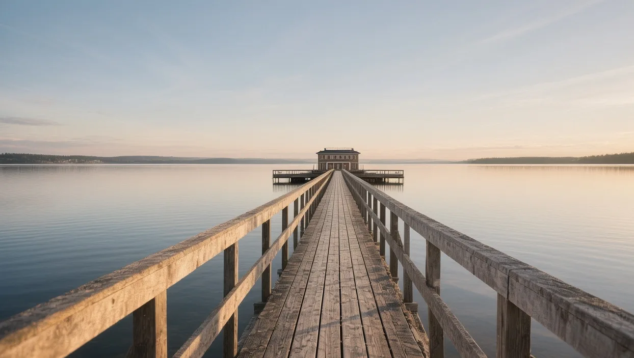 Rättvik's iconic wooden pier extending into Lake Siljan at sunset with traditional red cottages and bathers