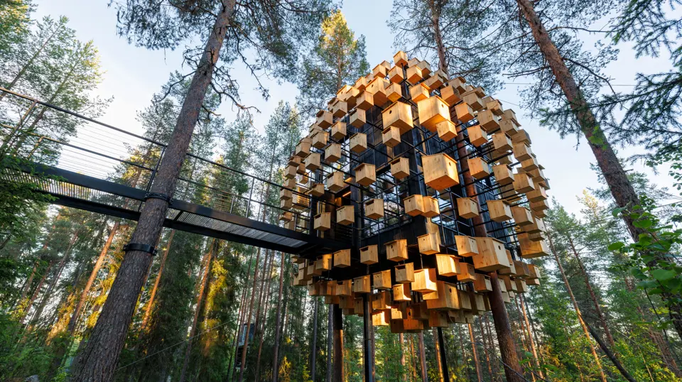 The Mirrorcube treehouse reflecting pine forest canopy at twilight, suspended among tall Scandinavian trees in Swedish Lapland