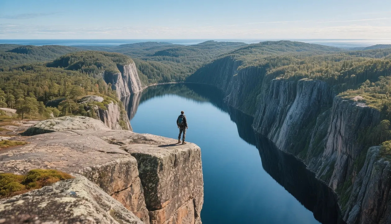 Aerial view of Slåttdalsskrevan canyon with hiker standing on granite cliff edge above pristine blue lake and forested High Coast landscape
