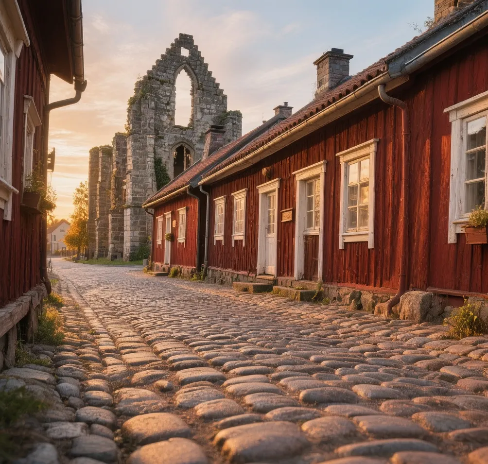 Sigtuna oldest town's cobblestone street lined with red wooden cottages and medieval church ruins under golden Scandinavian evening light