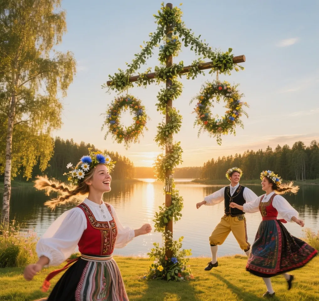 Traditional Swedish midsummer celebration in Leksand with flower-crowned dancers around maypole at lakeside during golden hour