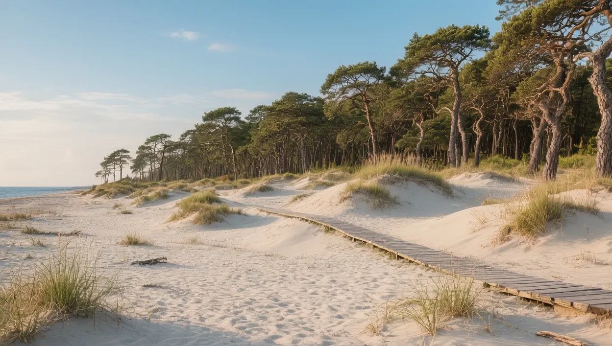 Gotska Sandön dunes and pine forest under midnight sun light with Baltic Sea background in Swedish National Park